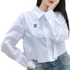 Kvinnors blusar skjortor designer skjorta avslappnad topp sommar tunn långärmad t-shirt vanlig vit lapel broderad tröja kvinnors college stil kortrock 0y62