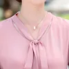 여자 블라우스 blusas mujer de moda blouse 여자 짧은 슬리브 v-neck 폴카 도트 보우 3/4 레이스 시폰 탑 2023