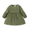 Girl's es Kids Baby Girls Spring Autumn Cotton Linen Long Sleeve Solid Color Round Neck Loose Short Dress Green 9M-4T 0131