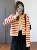 Women's Knits Tees Korean Fashion Sweater Cardigan White Black Striped Knitted Sweater Women Short Cardigan Long Sleeve Cardigan Female Winter 230201