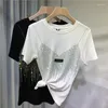 Summer Diamond Short Sleeve T Shirt for Women 4XL Plus Size Chic Casual Solid Color O Neck T-shirt Ladies Streetwear Tees Top