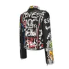 Womens Leather Faux Winter European och American Lapel Zipper Graffiti Heavy Printing Black Punk Street Fashion Short Jacket 230131