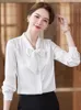 女性用ブラウス長袖ボウシャツ韓国のエレガントな気質ファッションソリッドカラーオフィスベーシックワークウェアトップ2023