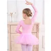 Scene Wear Girls 'Solid Color Ballet Leotard Suit Lång ärm Runda hals skarvdans bodysuit med mesh tutu kjol gymnastik