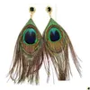 Dangle żyrandelier biżuteria mody retro kolczyki dla kobiet Tassels Peacock Feather Drops Dhogm