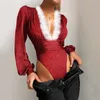 Women's Jumpsuits Rompers Winter Women Sexy Lace Puff Sleeve Red Bodysuit Blouse Solid VNeck Black See Through Body Top Patchwork Suit 230131