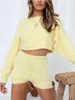 Tracksuits voor dames Solid Fluff Sweater Set Woman 2023 Spring Round Round Round Round Round Neck Crop Top Elastic Taille Shorts Casual Home 2 Pieces Chic