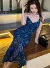 Casual Dresses Summer Women's Sexy Slip Blue Mesh Flowers Diamonds Strap Backless Bandage Bodycon Trumpet Robe Party Voles Vestidos