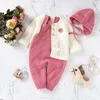 Kleidungssets Baby Strampler Set Strick Herbst geborenes Mädchen Junge Langarm Mantel Overall Outfit Hut 3PC Mode Feste Säuglingskleidung Anzug Pullover 230201