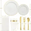 Vaisselle jetable en plastique doré, ensemble de couteaux, fourchettes, cuillères, serviettes, assiettes, 150 pièces, Rose pour 25 invités, 230131