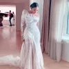 Retro spets en axel sjöjungfru bröllopsklänningar saudiarabien illusion långärmad tyll svep tåg brudklänningar vår 2023