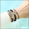 Beaded Strands Women Mencross Heart Round Shape Natural Abalone Shell Charm Bracelet Lava Volcanic Stone Beads Braided Rope Bracele Ot2Xw