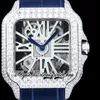 TWF TWW0007 Swiss Ronda 4S20 Orologio da uomo al quarzo Completamente ghiacciato Lunetta con grandi diamanti Marcatori romani Quadrante scheletrato Cinturino in pelle blu 2023 Super Edition Orologi per l'eternità