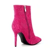 Heelslover High Quality Women Winter Ankle Boots Sexy Stiletto Heels Pointed Toe Fuchsia Party Shoes US Plus Size 5-13