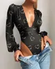 Women's Jumpsuits Rompers Winter Women Sexy Lace Puff Sleeve Red Bodysuit Blouse Solid VNeck Black See Through Body Top Patchwork Suit 230131