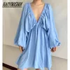 Casual Dresses Sexy Low Cut Green Pleated Dresses Backless Lantern Sleeve Streetwear A-Line Autumn Dress Woman V-Neck High Waist Casual 230131