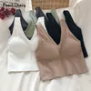 Kvinnors tankar Camis Pearl Diary Bra Topps Summer V Neck Rib Crop Tank Top med avtagbara bh -kuddar ärmar Solid Color Backless Sporty Bh Top Y2302