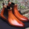 Boots Brown Chelsea for Men Black Business Business Handmades Men's Short Round Round Toe Slip-on Tornozelo 230201