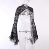 Women's Jackets Fashion Lace Black Gothic Women's Jacket Ladies Solid Floral Flare Sleeve Front Open Crop Tops Short Cardigan Suit Coat