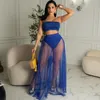 Work Dresses Beach 2023 Women's Set Big Swing Maxi Long Pleated Mesh See Though Skirt And Strapless Crop Top Matching Two 2 Piece