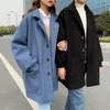 Herr ullblandningar Lovers Midlength Woolen Coat Autumn Winter Thicked Big Fleece Windbreaker Korean Trend British Solid Simple Streetwear 230201