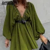 Casual Dresses Sexy Low Cut Green Pleated Dresses Backless Lantern Sleeve Streetwear A-Line Autumn Dress Woman V-Neck High Waist Casual 230131