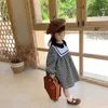 Girl's Dresses Kids Girls Sailor Collar Plaid Dress 2022 Spring New Children Cotton Casual Clothing Fashion Cute #9399 0131