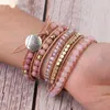 Pulseira de pedra natural rosa quartzo couro envoltório pulseiras para mulheres rosa gemas contas de cristal bohemia jóias 5 vertente320u