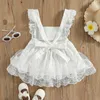 Mädchen-Kleinkind-Spitzen-Tüll-Kleid für Babys, einfarbig, quadratischer Kragen, Fliegenärmel, Rüschenkleider 0131