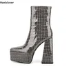 Heelslover New Fashion Women Winter Ankle Boots Shiny Chunky Heels Square Toe Pretty Grey Street Shoes Ladies US Size 5-13