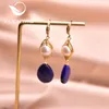 Boucles d'oreilles pendantes XlentAg naturel Lapis Lazuli crochet boucle d'oreille pour femmes filles fête eau douce perle bijoux de mariage Vintage cadeau GE0922