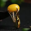 С боковыми камнями в стиле ретро классический этнический стиль инкрустированный янтарный пчелиный кольцо винтаж желтый, подходящий для женщин -ювелирных подарков, Derhif Dhkif