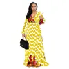 Robes décontractées Style africain à manches longues col en v profond taille haute grande taille robe imprimée femmes élégantes Boho Maxi en mousseline de soie