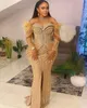 Arabe Aso Ebi Gold Sirène Robes de bal Plume perle Sexy Soirée Fête formelle Deuxième réception Robes de fiançailles d'anniversaire Robe ZJ137 407