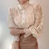 Vintage solidne białe koronkowe koszule bluzki kobiety nowe koreańskie guziki luźne koszulki żeńskie puste damki bluzki Blusas 12928L
