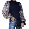 Kvinnors tshirt blusar Fashion Autumn Winter Mock Neck Sequin Patchwork Long Puff Sleeve Blus Shirt Top 230131