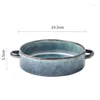 Plates Bright Glazed Blue Ceramic Plate Smooth Touch Creative Straight Mouth Design Two Ear Portable Convenient For Home Dinner