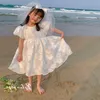 Girl's es Girls Summer Big Flower Puff Sleeve Sweet Cute Applique Flowers White Princess Party Dress New Children Clothing