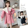 Fille mignonne enfants filles asymétrique col Peter pan coton a-ligne robes de princesse avec ceinture 2020 automne fille enfants vêtements 0131