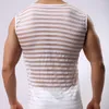 Men's Tank Tops Men Top Mesh See-Through Stripe Bodybuilding Vest Fashion Sexy O-Neck Sleeveless Undershirt Tees