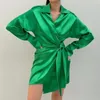 Casual Dresses Vintage Satin Women Dress Green Long Sleeve Turn Down Collar Mini Lace Up Bandage Streetwear Office Lady Shirt