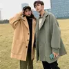 Herr ullblandningar Lovers Midlength Woolen Coat Autumn Winter Thicked Big Fleece Windbreaker Korean Trend British Solid Simple Streetwear 230201