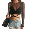 Kvinnors T -skjortor BKLD Kvinnor Solid Mesh Top Sexig svart långärmad perspektiv Fishnet Crop Topps Summer Streetwear