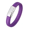 Braccialetti con ciondoli Semplice braccialetto di corda in pelle intrecciata viola per uomo Donna Bracciale in acciaio con chiusura magnetica Bracciale in tessuto Regalo di San Valentino