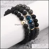 Beaded Strands 3Pcs/Set Fashion 8Mm Black Lava Bead Elastic Bracelets Natural Tiger Eyes Glass Bracelet For Men Women Jewelry Gift Otqgs