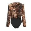 Kadın Tulumları Seksi V Boyun Kadın İnce Playsuit Moda Bodysuits Uzun Kollu Sonbahar Leopard Bodysuit Kadınlar 230131