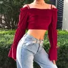 Women's T Shirts 2023 Ladies Crop Top Elegant Velvet Fashion Fleche Sleeve Solid Color Square Corset Street Sexig Party Club T-shirt för