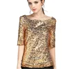 Women's TShirt Women Blouses Summer Fashion Sexy Sequined Embroidered Half Sleeve Lady Tops Loose Casual Shirt Gold Blusas Plus Size 5XL 230131