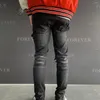 Męskie dżinsy Design moda uliczna mężczyźni w trudnej sytuacji dziura czarny dopasowany krój zgrywanie czerwony uciekają łatany hip-hopowe spodnie dżinsowe