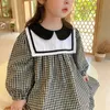 Kız Elbiseleri Çocuklar Kız Denizci Yakası Ekose Elbise 2022 Bahar Yeni Çocuklar Pamuk Günlük Giyim Moda Şirin #9399 0131